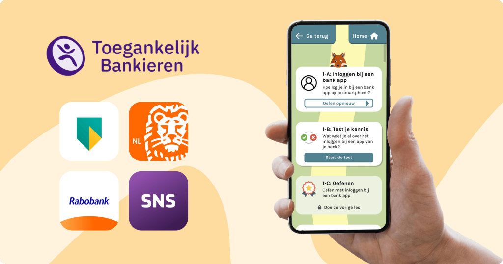 Hand met telefoon en daarin de DigiHandig app met daarnaast de logo's van ABN AMRO, ING, Rabobank , SNS en logo van Toegankelijk Bankieren programma.