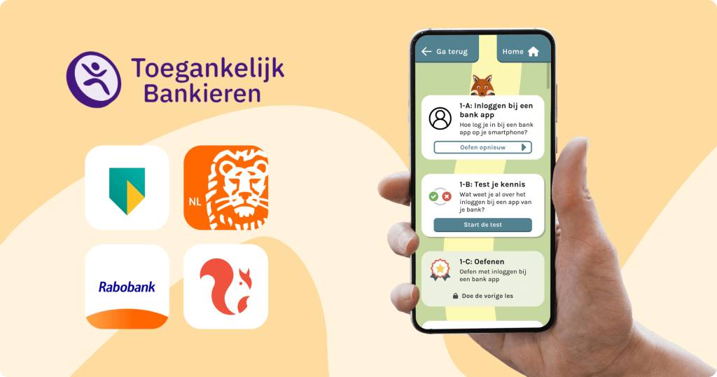 Hand houdt telefoon vast met open DigiHandig-app, met lessen over inloggen en oefenen. Links staan de logo's van ABN AMRO, ING, Rabobank, ASN en het Toegankelijk Bankieren programma op een lichte achtergrond.