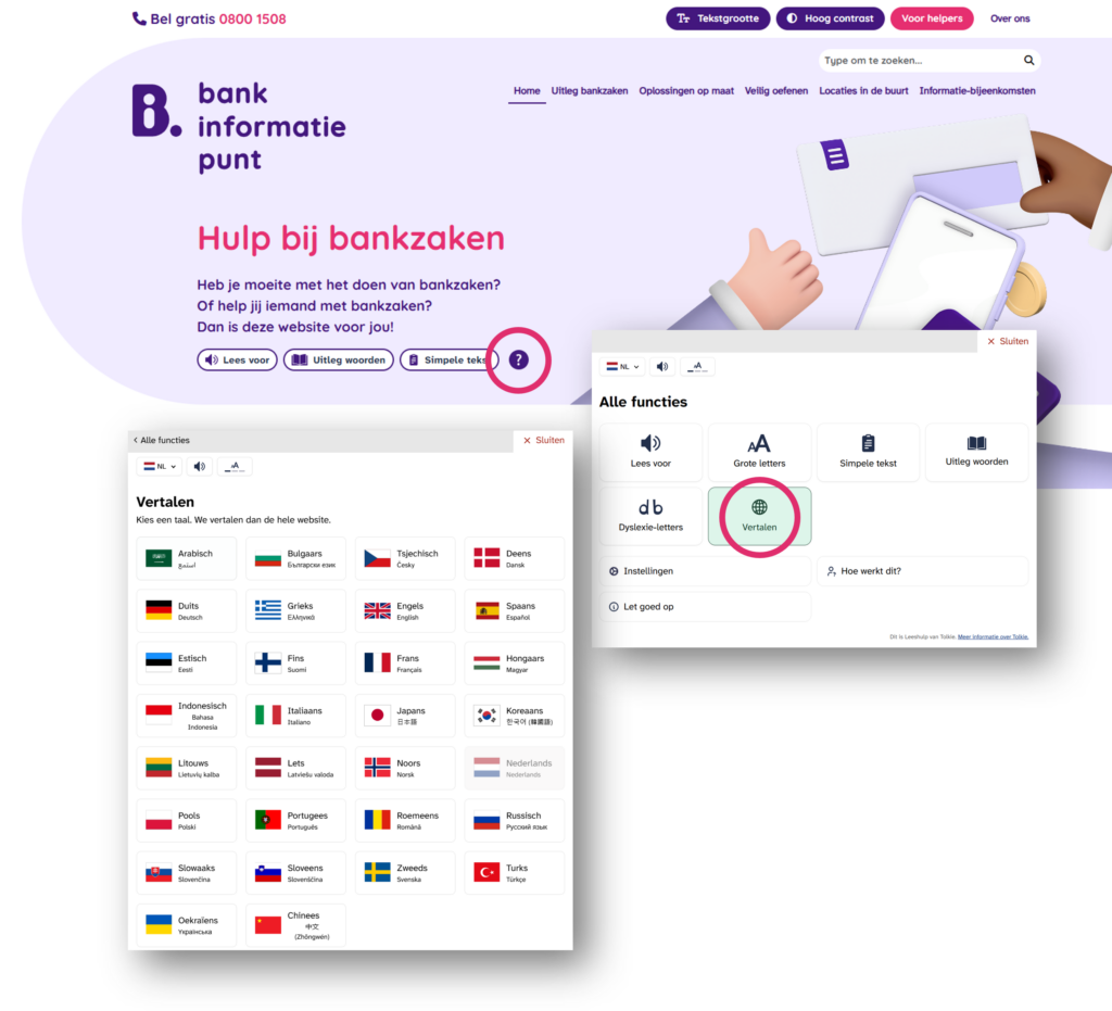 Screenshot van Bankinformatiepunt.nl met toegankelijkheidsmenu van Tolkie open, waar bezoekers de website kunnen vertalen naar een andere taal.
