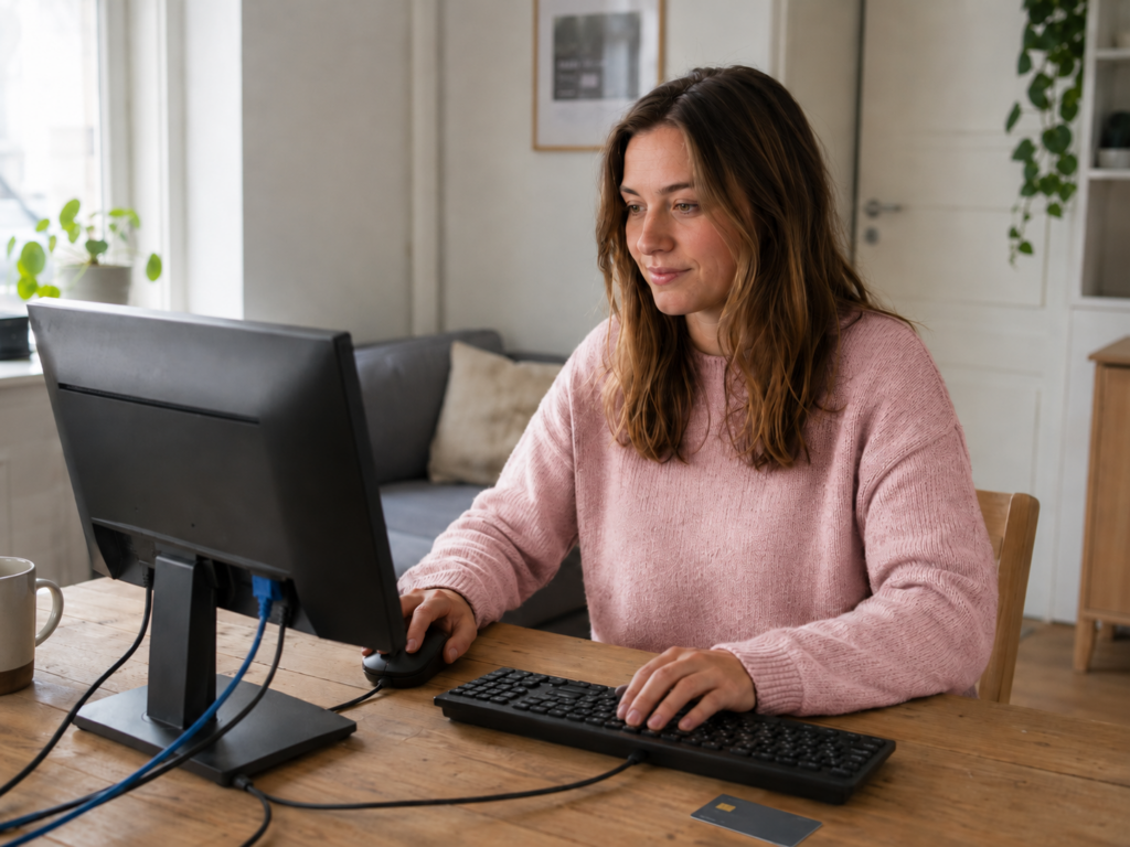Jonge vrouw achter een desktopcomputer aan een bureau thuis, met toetsenbord en muis in een lichte, nette woonomgeving.