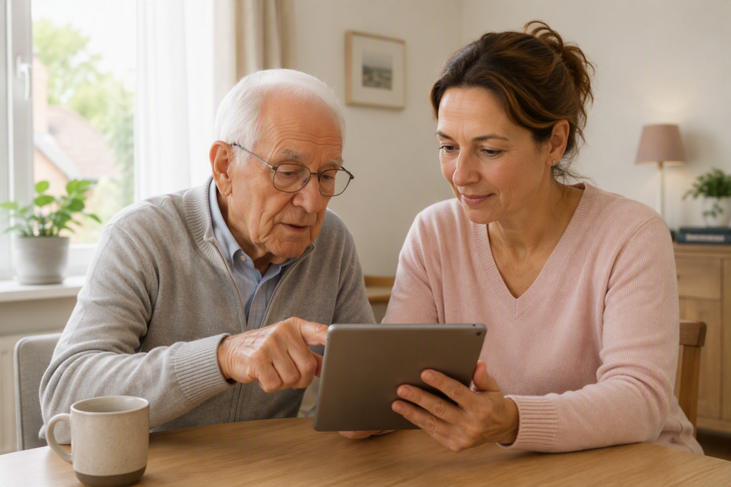 Vrouw helpt oudere man bij het bekijken van bankzaken op een tablet aan de keukentafel thuis.