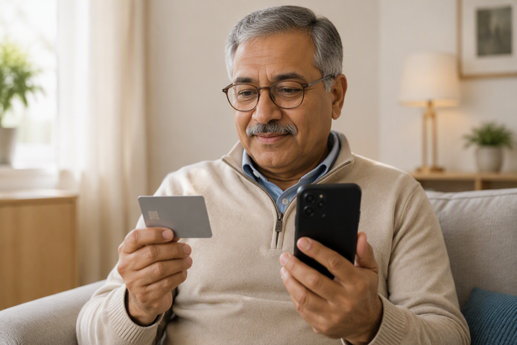 Man zit thuis op de bank en heeft twee voorwerpen in zijn hand: een betaalpas en een mobiele telefoon. Hij kijkt aandachtig naar de betaalpas.
