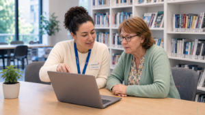 Bibliotheekmedewerker helpt bezoeker met een laptop in een rustige bibliotheek.